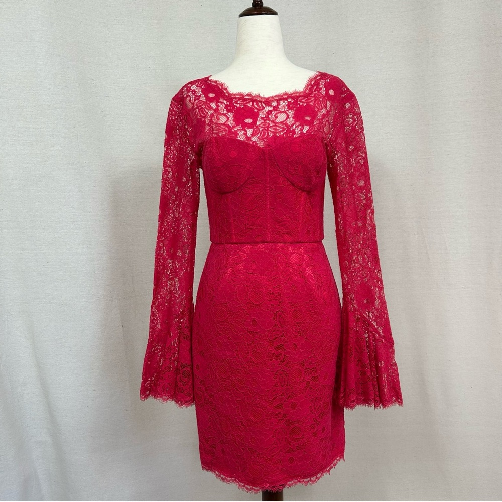 BCBGMaxAzria Salina Ruby Red Floral Lace Long Sleeve Mini Dress